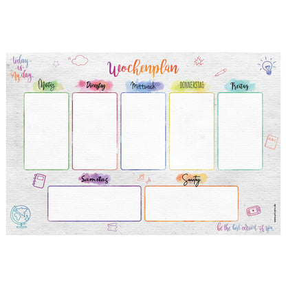 magnet wochenplaner lettering, grau-bunte optik, spalten für montag bis sonntag, front ansicht