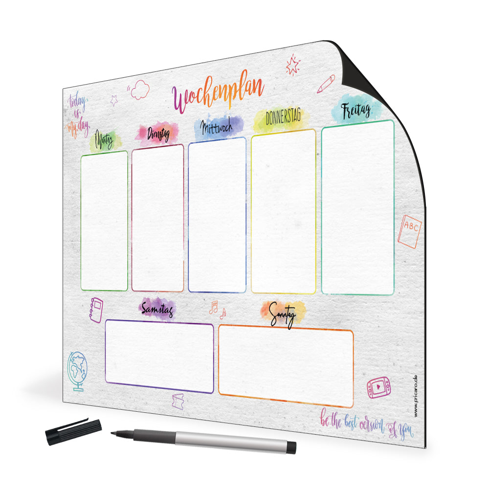 magnet wochenplaner lettering, grau-bunte optik, spalten für montag bis sonntag, seitliche ansicht