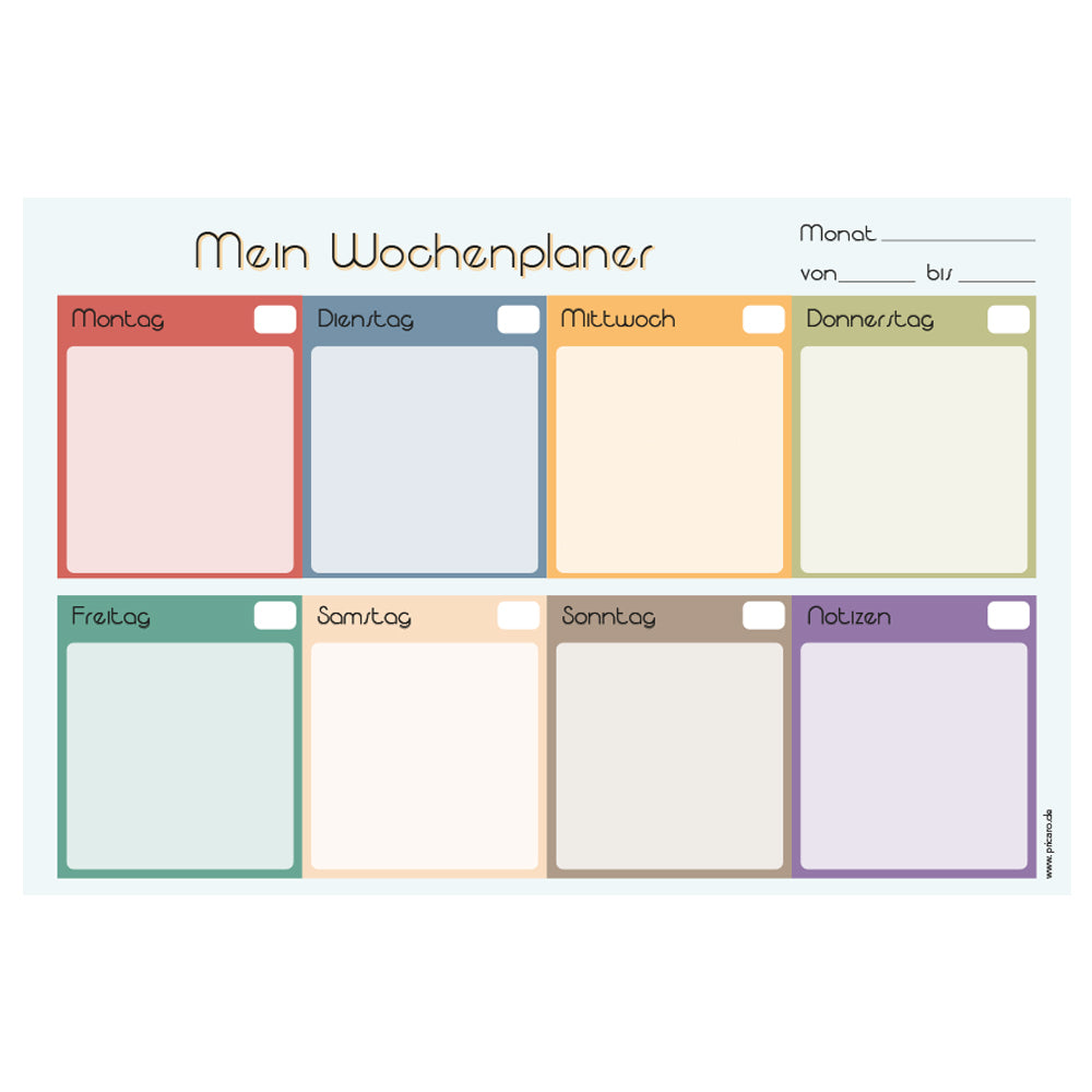 magnet wochenplaner my week, hellblau-bunte optik, spalten für montag bis sonntag und eine extra spalte für notizen, front ansicht