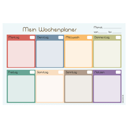 magnet wochenplaner my week, hellblau-bunte optik, spalten für montag bis sonntag und eine extra spalte für notizen, front ansicht
