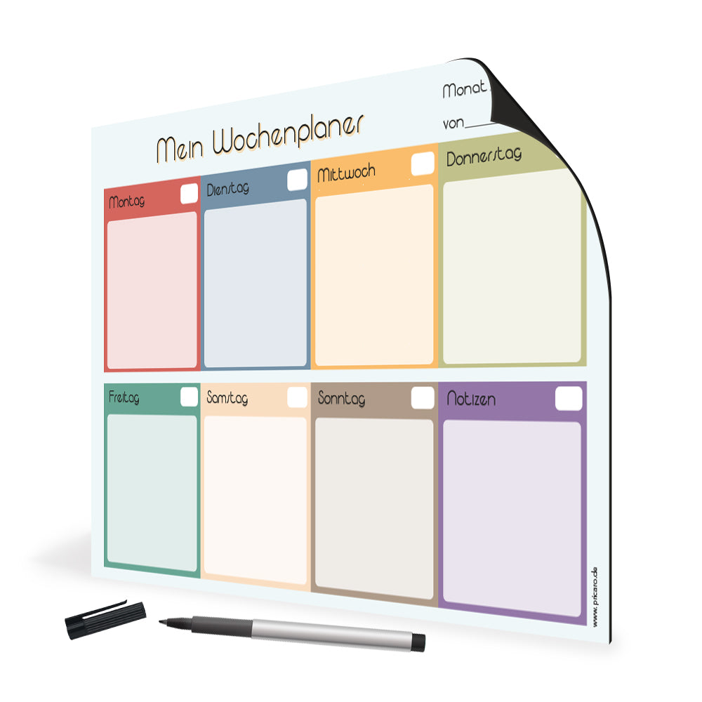 magnetplaner my week, mit marker, wochenplaner mit feldern von montag bis sonntag mit ausreichend platz für alle aufgaben und to-dos und ein separates feld für notizen, bunte optik