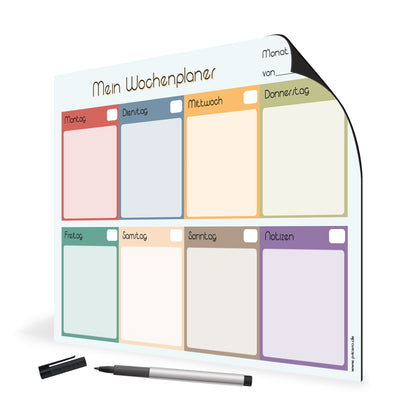 magnetplaner my week, mit marker, wochenplaner mit feldern von montag bis sonntag mit ausreichend platz für alle aufgaben und to-dos und ein separates feld für notizen, bunte optik