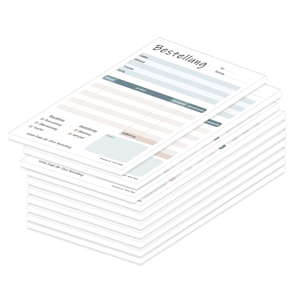Bestellannahmeblock cedar, a5, blau-beige optik, mit zeilen für alle wichtigen informationen wie z.B. kundenanschrift, artikel mit menge und preis, uvm., 10er set