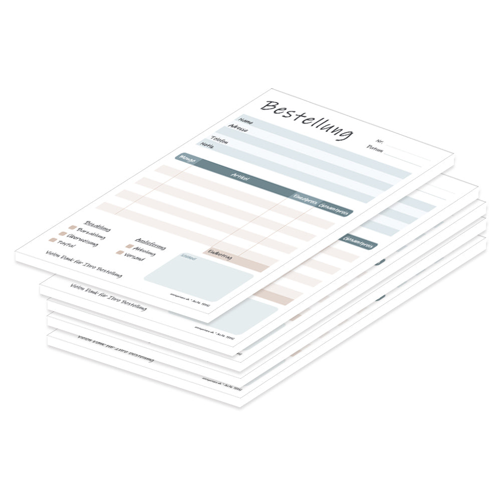 Bestellannahmeblock cedar, a5, blau-beige optik, mit zeilen für alle wichtigen informationen wie z.B. kundenanschrift, artikel mit menge und preis, uvm., 5er set