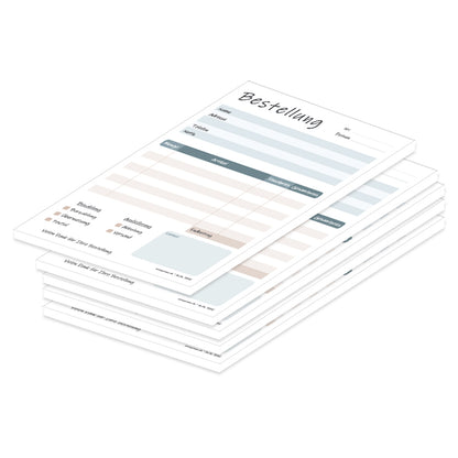 Bestellannahmeblock cedar, a5, blau-beige optik, mit zeilen für alle wichtigen informationen wie z.B. kundenanschrift, artikel mit menge und preis, uvm., 5er set