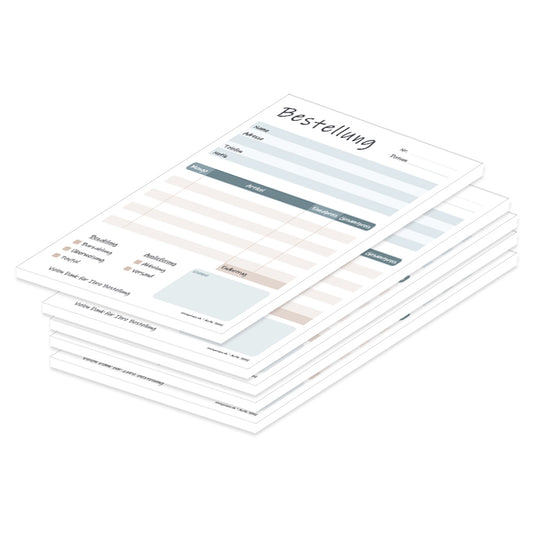 Bestellannahmeblock cedar, a5, blau-beige optik, mit zeilen für alle wichtigen informationen wie z.B. kundenanschrift, artikel mit menge und preis, uvm., 5er set
