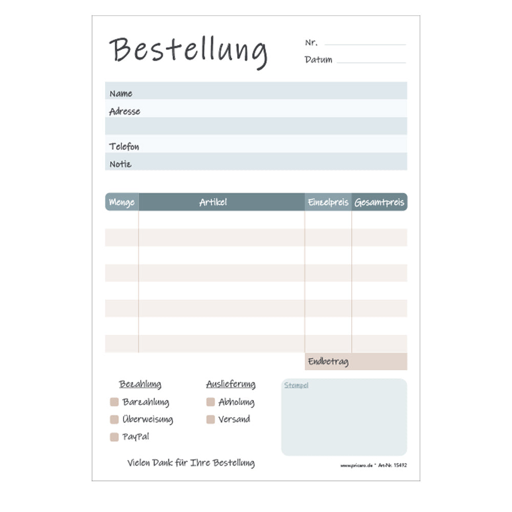 Bestellannahmeblock cedar, a5, blau-beige optik, mit zeilen für alle wichtigen informationen wie z.B. kundenanschrift, artikel mit menge und preis, uvm., frontansicht
