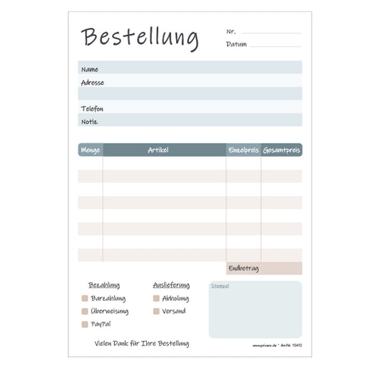 Bestellannahmeblock cedar, a5, blau-beige optik, mit zeilen für alle wichtigen informationen wie z.B. kundenanschrift, artikel mit menge und preis, uvm., frontansicht
