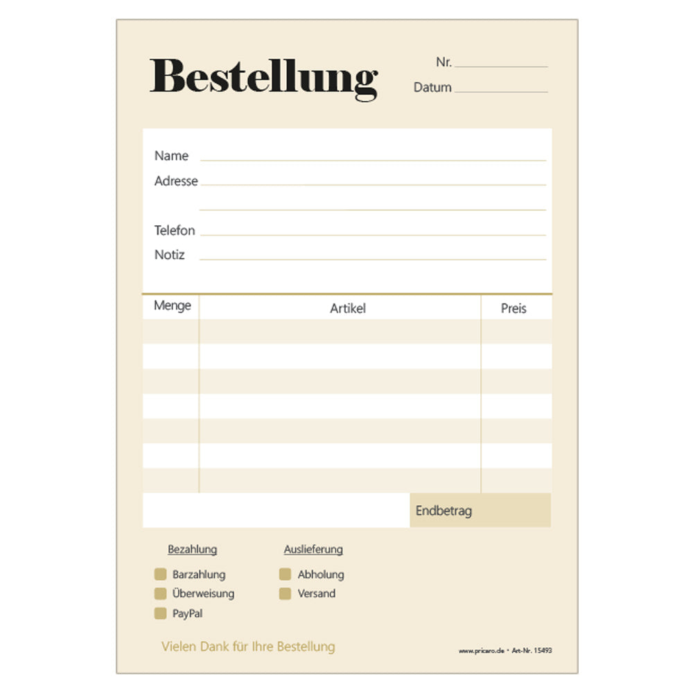 Bestellannahmeblock color match beige, a5, beige optik, mit zeilen für alle wichtigen informationen wie z.B. kundenanschrift, artikel mit menge und preis, uvm., frontansicht
