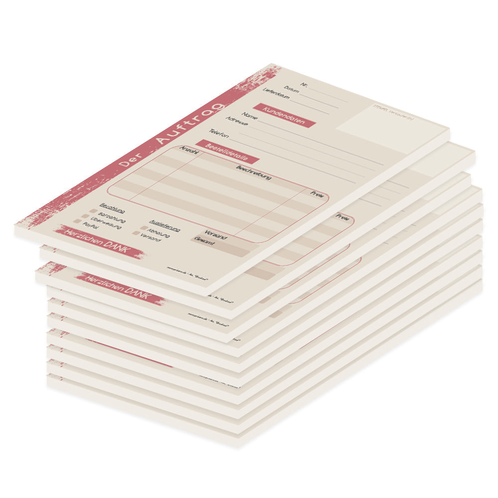 auftragsblock brushed rosa, a5, ohne durchschlag, platz für alle wichtigen details (kundendaten, bestelldetails), 10er set