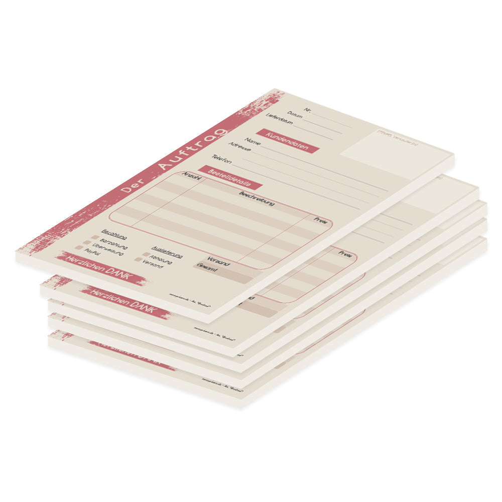auftragsblock brushed rosa, a5, ohne durchschlag, platz für alle wichtigen details (kundendaten, bestelldetails), 5er set