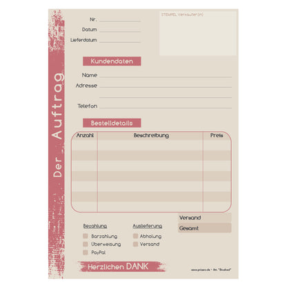 auftragsblock brushed rosa, a5, ohne durchschlag, platz für alle wichtigen details (kundendaten, bestelldetails), frontansicht
