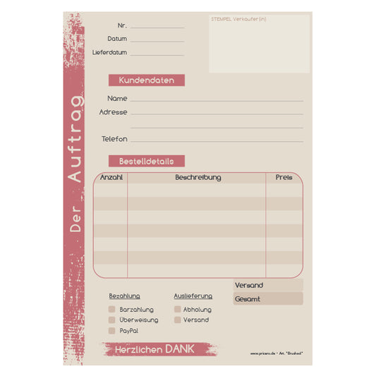 auftragsblock brushed rosa, a5, ohne durchschlag, platz für alle wichtigen details (kundendaten, bestelldetails), frontansicht