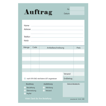 auftragsblock color match, a5, türkis, ohne durchschlag, platz für alle wichtigen details (kundendaten, bestelldetails), frontansicht