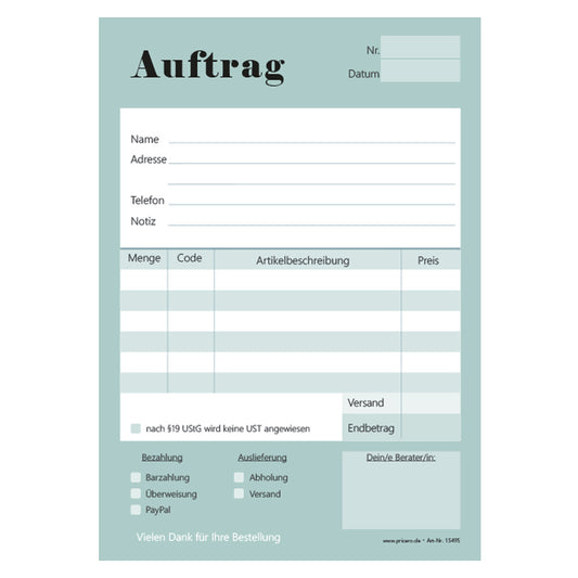 auftragsblock color match, a5, türkis, ohne durchschlag, platz für alle wichtigen details (kundendaten, bestelldetails), frontansicht