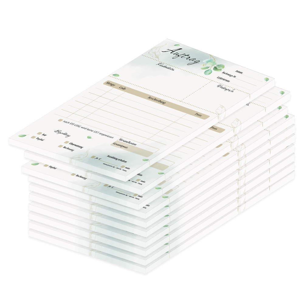 auftragsblock eukalyptus, a5, weiß-grün in blätteroptik, ohne durchschlag, platz für alle wichtigen details (kundendaten, bestelldetails), 10er set
