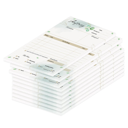auftragsblock eukalyptus, a5, weiß-grün in blätteroptik, ohne durchschlag, platz für alle wichtigen details (kundendaten, bestelldetails), 10er set