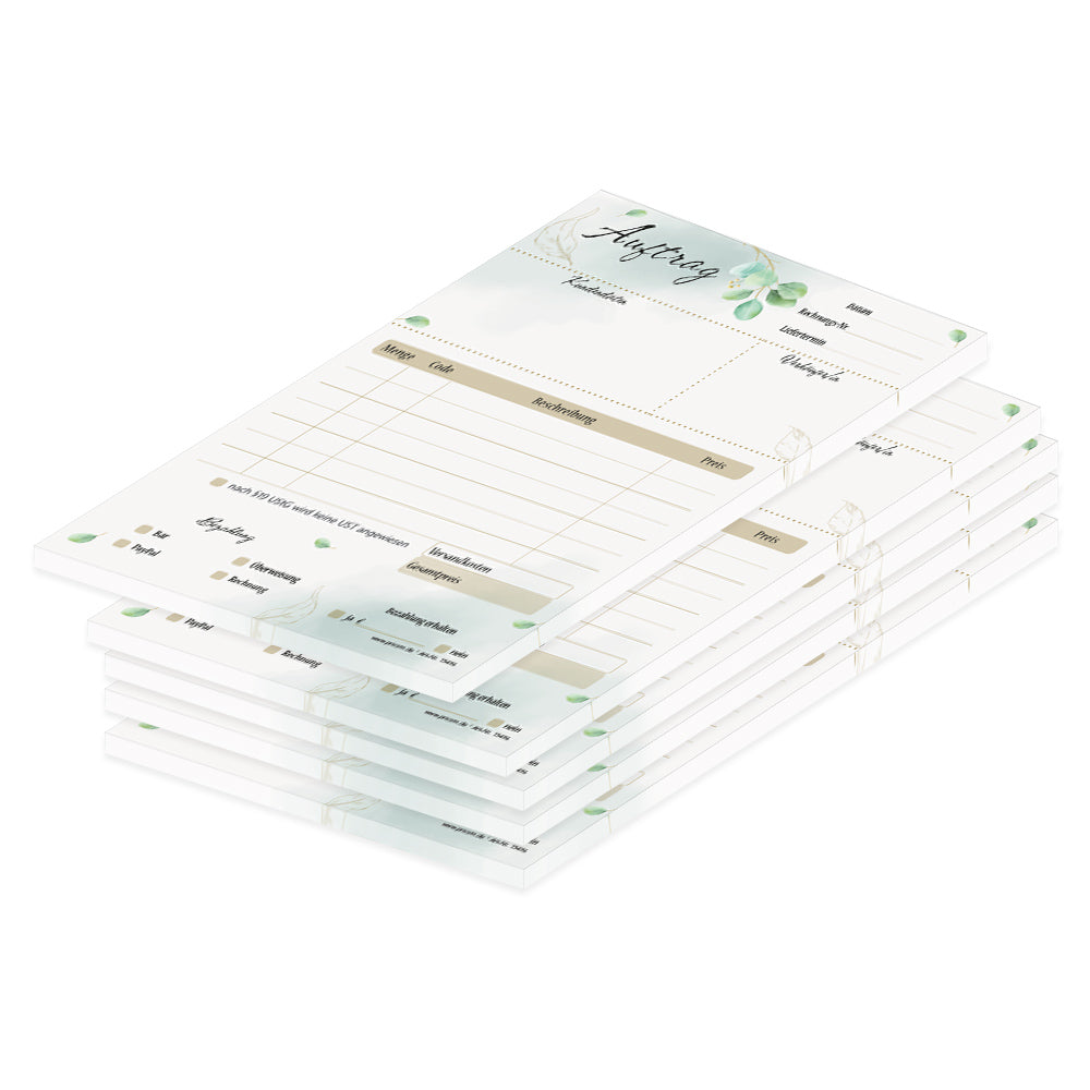 auftragsblock eukalyptus, a5, weiß-grün in blätteroptik, ohne durchschlag, platz für alle wichtigen details (kundendaten, bestelldetails), 5er set