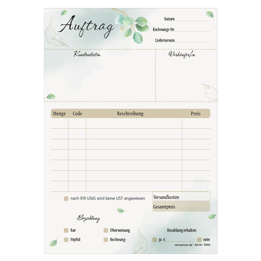 auftragsblock eukalyptus, a5, weiß-grün in blätteroptik, ohne durchschlag, platz für alle wichtigen details (kundendaten, bestelldetails), frontansicht