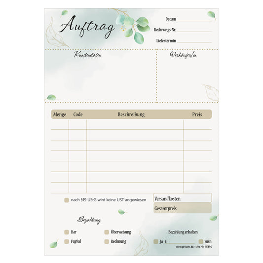auftragsblock eukalyptus, a5, weiß-grün in blätteroptik, ohne durchschlag, platz für alle wichtigen details (kundendaten, bestelldetails), frontansicht