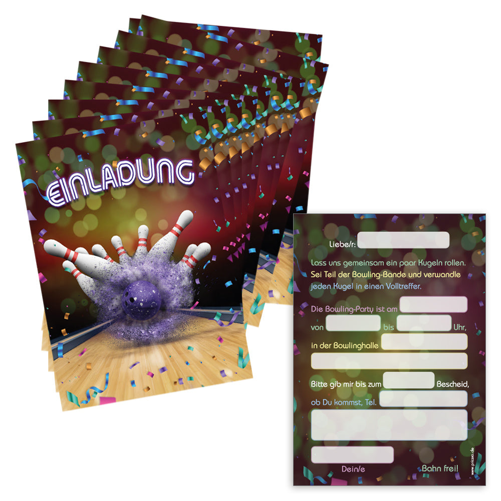 einladungskarte bowling spass, a6, bunte optik mit bowling kugel auf bowlingbahn und mit der aufschrift einladung auf vorderseite und details zur einladung auf der rückseite
