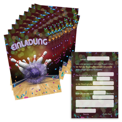 einladungskarte für kindergeburtstag. vorder- und rückseite. vorderseite und mit bunter bowlingbahn mit der aufschrift einladung, rückseite mit details zur einladung