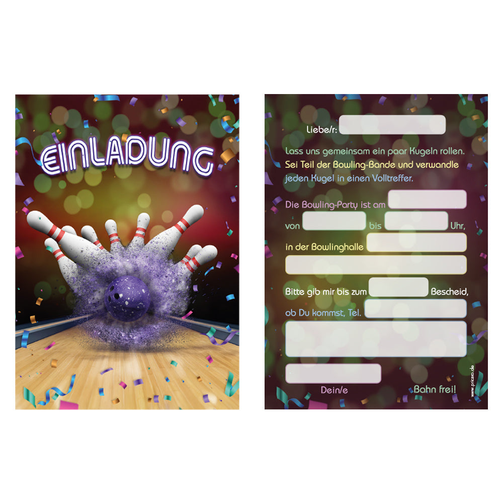 einladungskarte für kindergeburtstag. vorder- und rückseite. vorderseite und mit bunter bowlingbahn mit der aufschrift einladung, rückseite mit details zur einladung