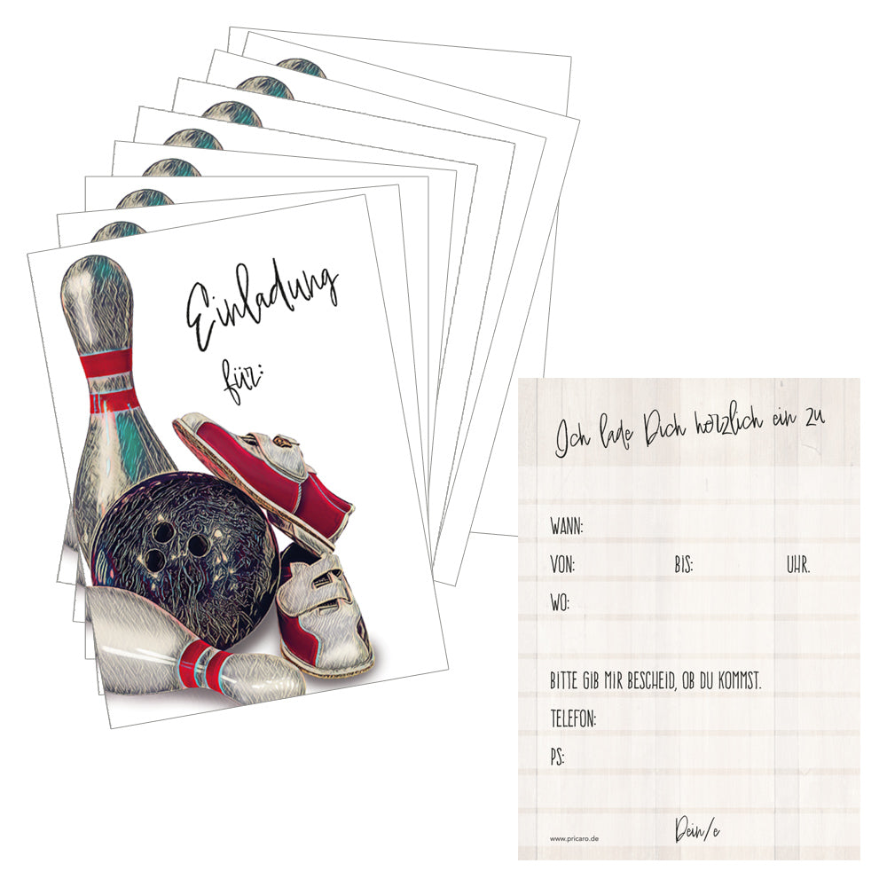 einladungskarte bowling classic, a6, bunte optik mit bowling motiven auf vorderseite und details zur einladung auf der rückseite
