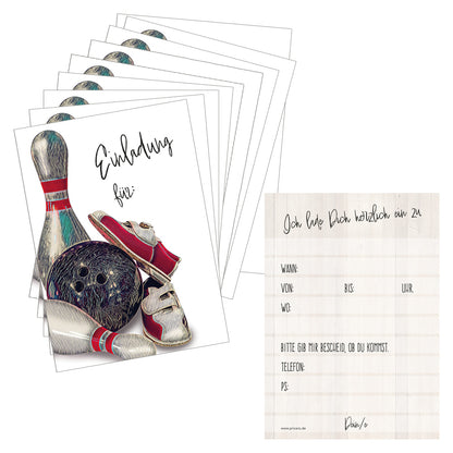einladungskarte bowling classic, a6, bunte optik mit bowling motiven auf vorderseite und details zur einladung auf der rückseite