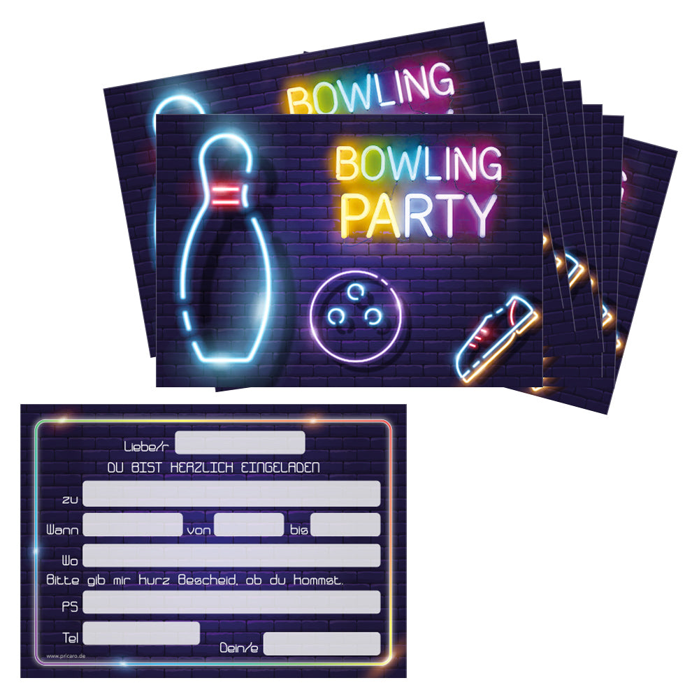 einladungskarte für kindergeburtstag. vorder- und rückseite. vorderseite  mit neonlampe in form einer bowlingkugel, kegel und schuhen mit der aufschrift bowling party, rückseite mit details zur einladung