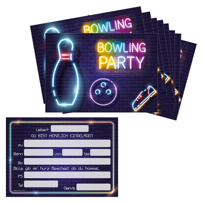 einladungskarte für kindergeburtstag. vorder- und rückseite. vorderseite  mit neonlampe in form einer bowlingkugel, kegel und schuhen mit der aufschrift bowling party, rückseite mit details zur einladung