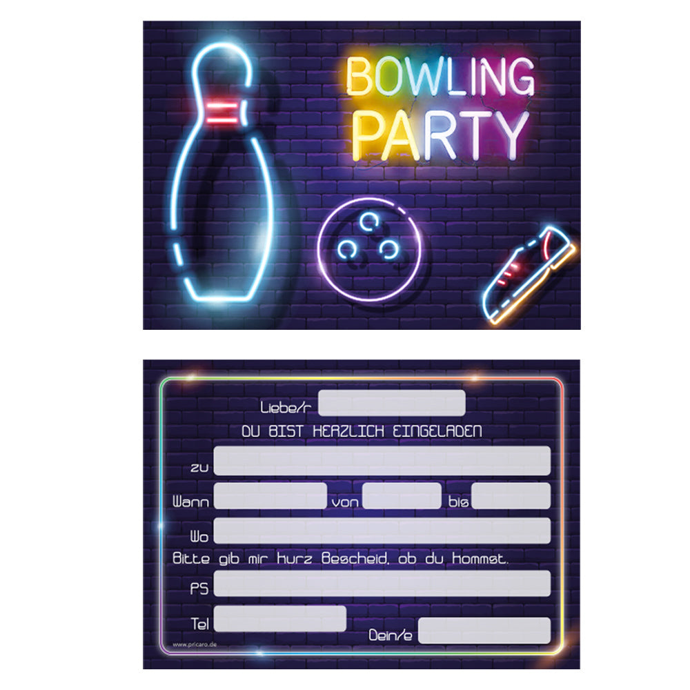 einladungskarte für kindergeburtstag. vorder- und rückseite. vorderseite  mit neonlampe in form einer bowlingkugel, kegel und schuhen mit der aufschrift bowling party, rückseite mit details zur einladung