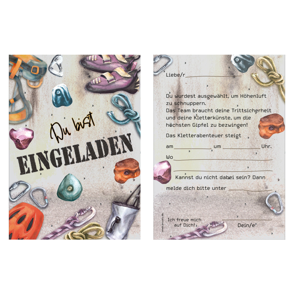 einladungskarte für kindergeburtstag. vorder- und rückseite. vorderseite in kletterwand optik mit der aufschrift du bist eingeladen, rückseite mit details zur einladung