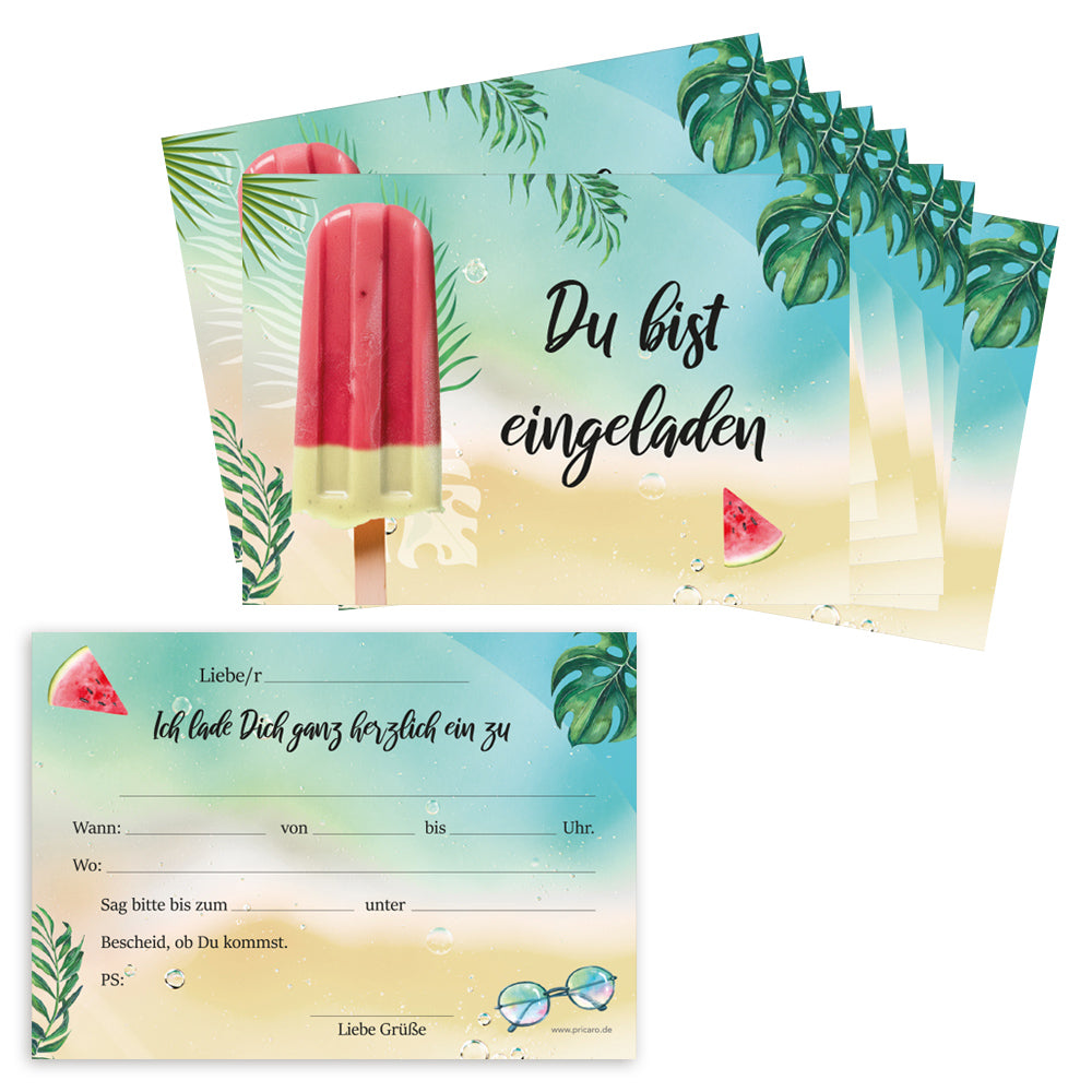 einladungskarte summer, a6, bunte strandoptik mit der aufschrift du bist eingeladen auf vorderseite und details zur einladung auf der rückseite