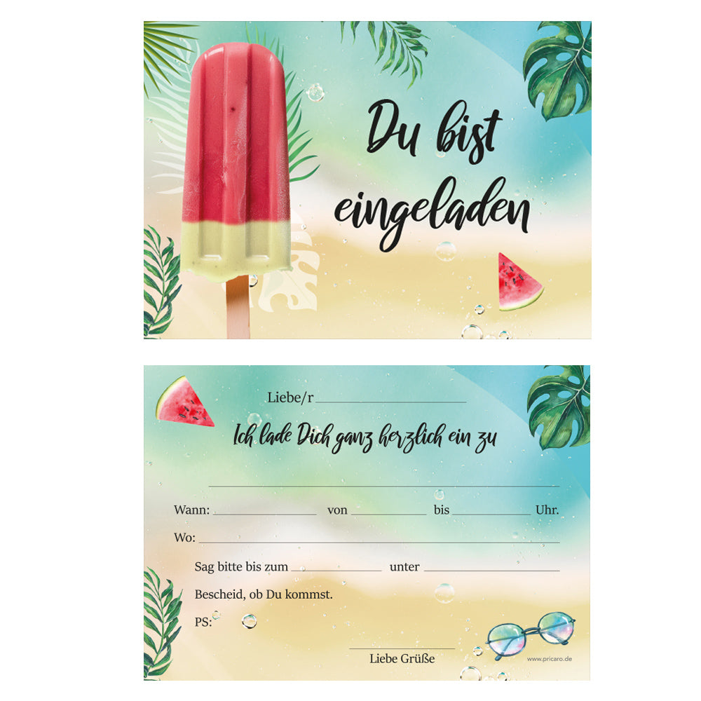 einladungskarte für kindergeburtstag. vorder- und rückseite. vorderseite in strand optik mit eis mit der aufschrift du bist eingeladen, rückseite mit details zur einladung