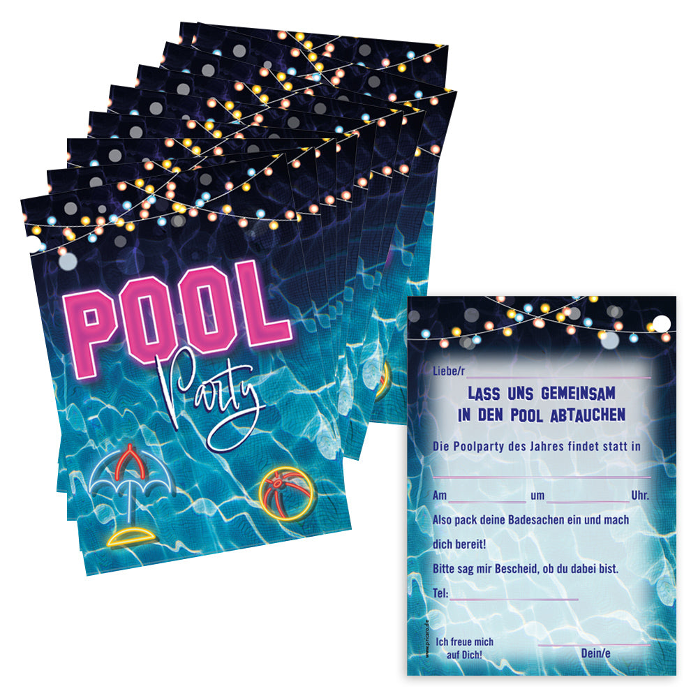einladungskarte pool party, a6, bunte optik mit der aufschrift pool party auf vorderseite und details zur einladung auf der rückseite