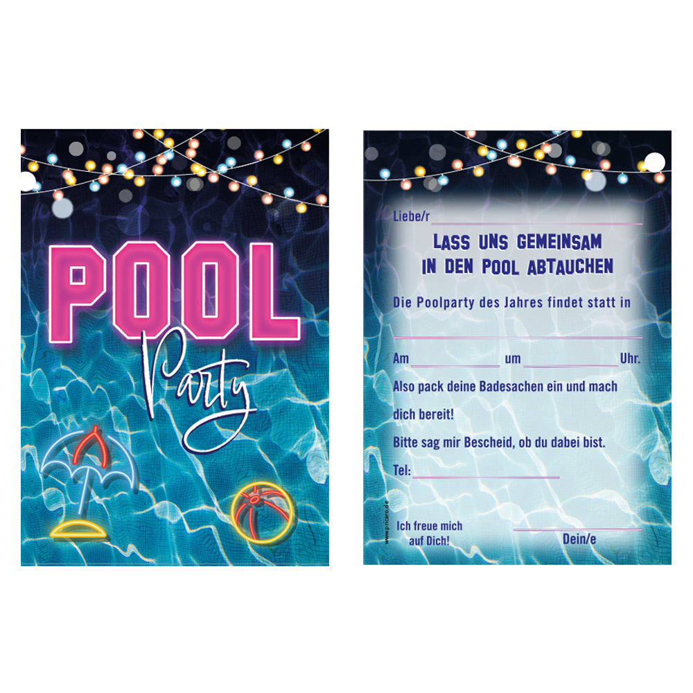 einladungskarte für kindergeburtstag. vorder- und rückseite. vorderseite in swimmingpool optik mit der aufschrift pool party, rückseite mit details zur einladung