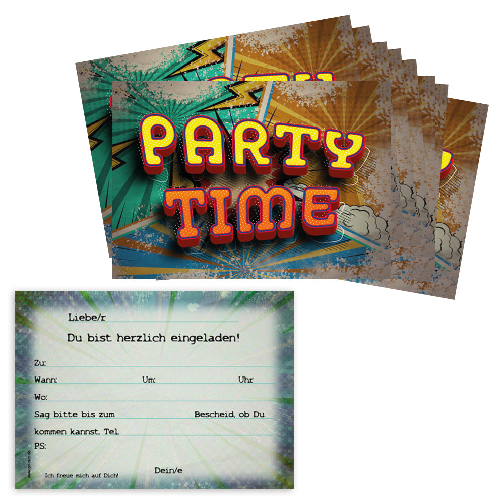 einladungskarte party comic, a6, bunte optik mit der aufschrift party time auf vorderseite und details zur einladung auf der rückseite