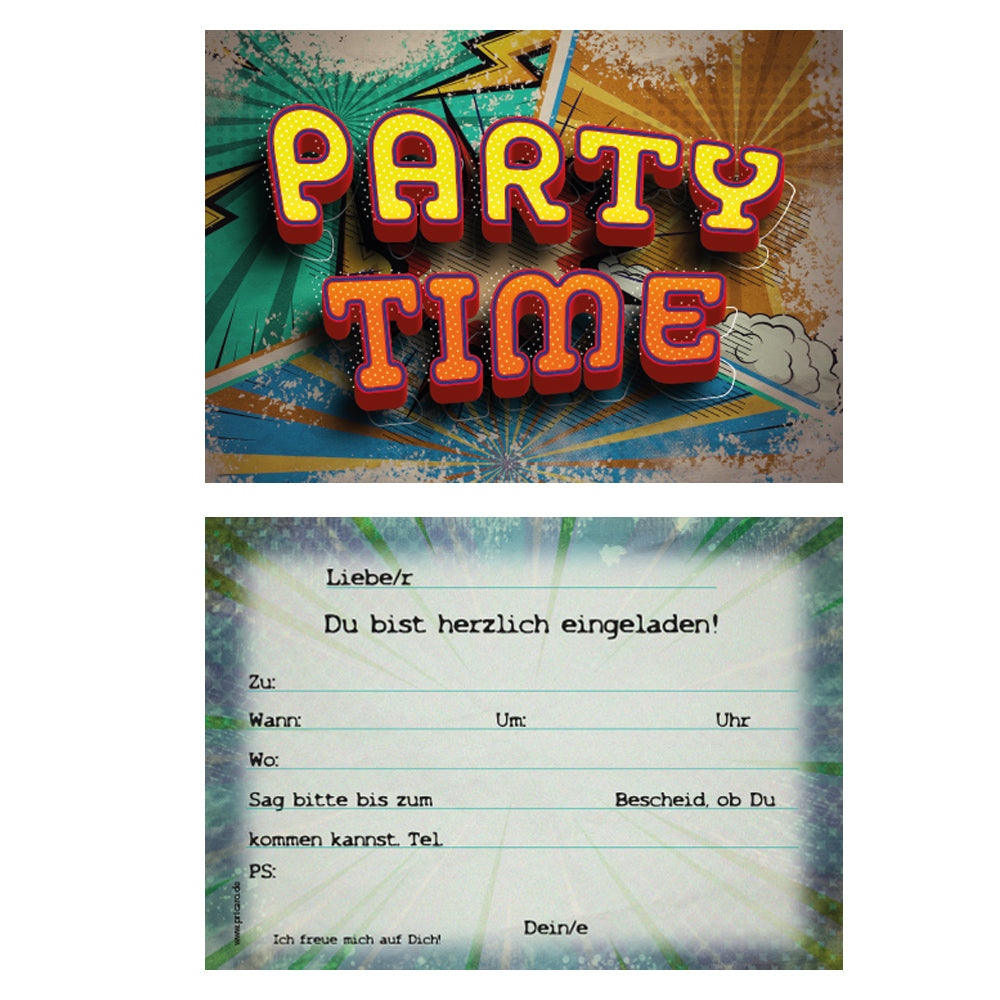einladungskarte für kindergeburtstag. vorder- und rückseite. vorderseite  mit bunt mit der aufschrift party time, rückseite mit details zur einladung