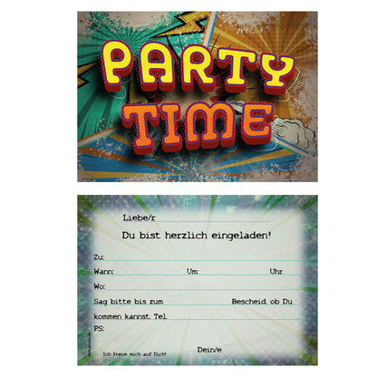 einladungskarte für kindergeburtstag. vorder- und rückseite. vorderseite  mit bunt mit der aufschrift party time, rückseite mit details zur einladung