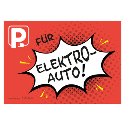 flyer scheisse geparkt "elektroauto comic" mit der aufschrift "P für elektroauto", frontansicht