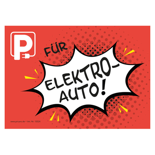 flyer scheisse geparkt "elektroauto comic" mit der aufschrift "P für elektroauto", frontansicht