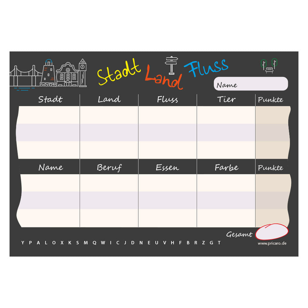 spielblock stadt, land, fluss, mini, taschenformat, bunt-schwarze optik, frontansicht