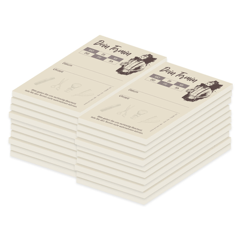 terminblock barber old craft, craftpapier optik-beige, felder von montag bis samstag zum ankreuzen, zeilen für datum und uhrzeit und ein freifeld für stempel oder notizen, 20er set