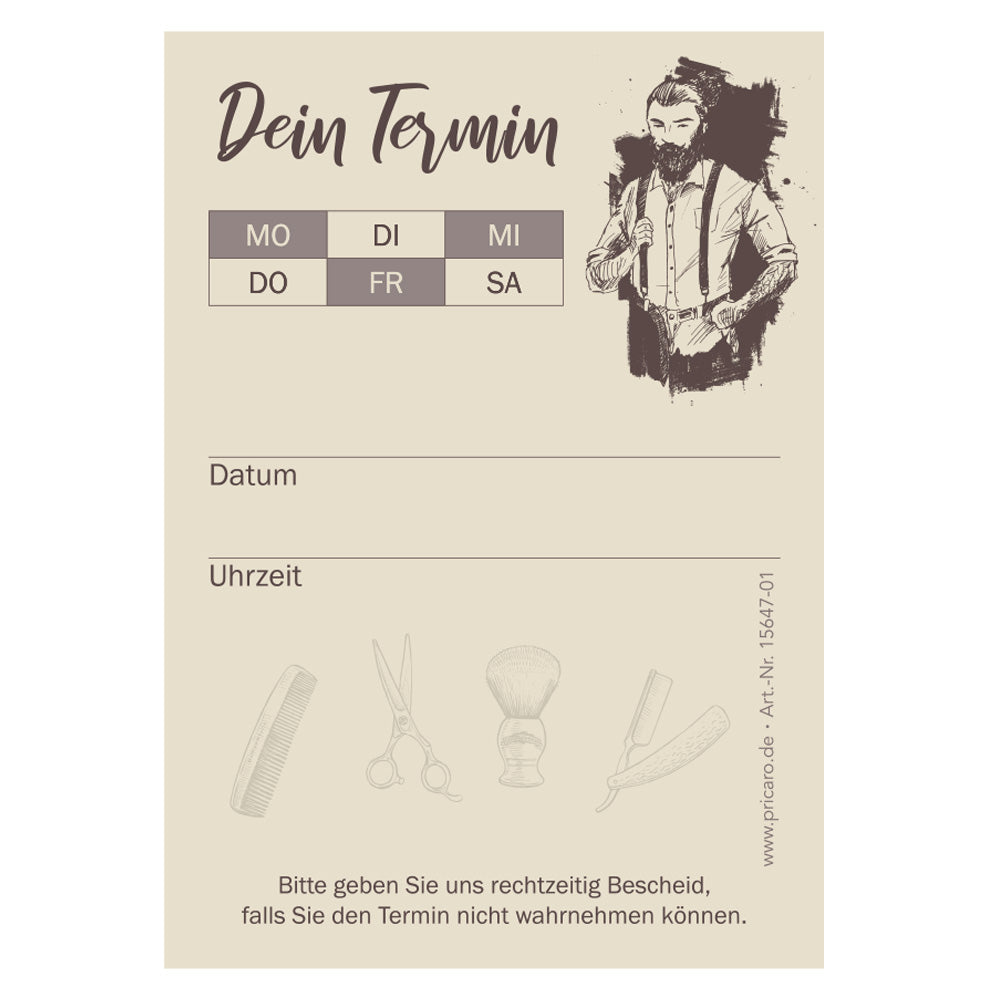 terminblock barber old craft, craftpapier optik-beige, felder von montag bis samstag zum ankreuzen, zeilen für datum und uhrzeit und ein freifeld für stempel oder notizen, frontansicht