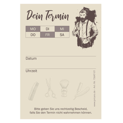 terminblock barber old craft, craftpapier optik-beige, felder von montag bis samstag zum ankreuzen, zeilen für datum und uhrzeit und ein freifeld für stempel oder notizen, frontansicht
