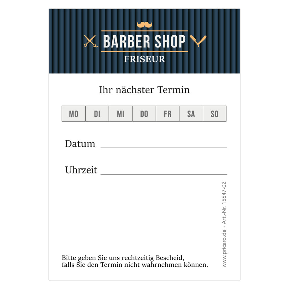 terminblock barber classic, weiß,graue optik, felder von montag bis samstag zum ankreuzen, zeilen für datum und uhrzeit und ein freifeld für stempel oder notizen, front ansicht