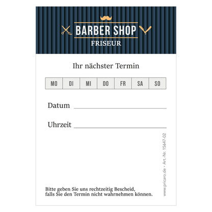 terminblock barber classic, weiß,graue optik, felder von montag bis samstag zum ankreuzen, zeilen für datum und uhrzeit und ein freifeld für stempel oder notizen, front ansicht