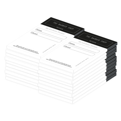 terminblock barber-shop, schlichte weiß-schwarze optik, felder von montag bis samstag zum ankreuzen, zeilen für datum und uhrzeit und ein freifeld für stempel oder notizen, 20er set