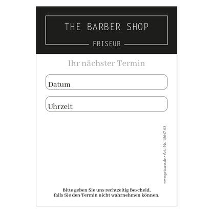 terminblock barber-shop, schlichte weiß-schwarze optik, felder von montag bis samstag zum ankreuzen, zeilen für datum und uhrzeit und ein freifeld für stempel oder notizen, front ansicht